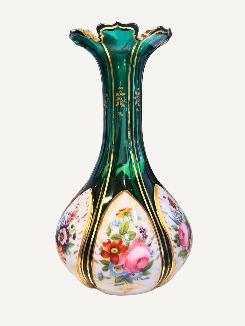 Antique Emerald-Green Bohemian Vase/Decanter with Hand-Painted Floral Cartouches - Picture 7 of 10